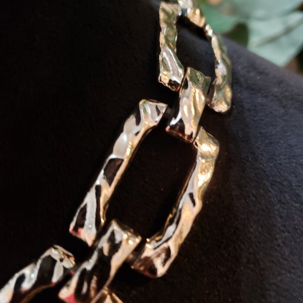 Womens Fashion Silver Tone Hammered Ripple Square Link Chain Necklace Jewelry - Picture 2 of 5